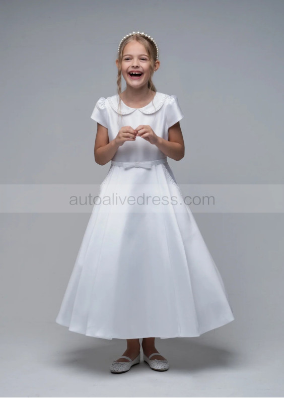 Beaded Peter Pan Collar White Satin Box Pleated Flower Girl Dress